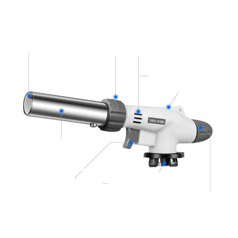 Butane torch with a white body and metallic nozzle on a white background