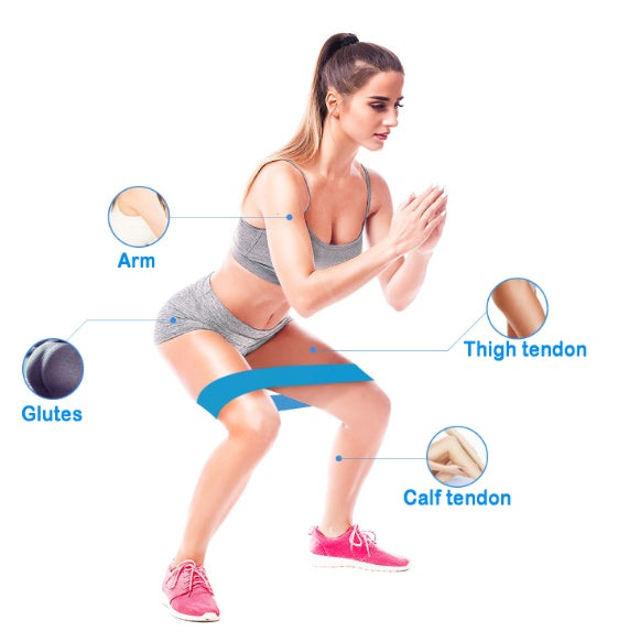 Woman demonstrating a squat exercise with muscle group annotations on a white background