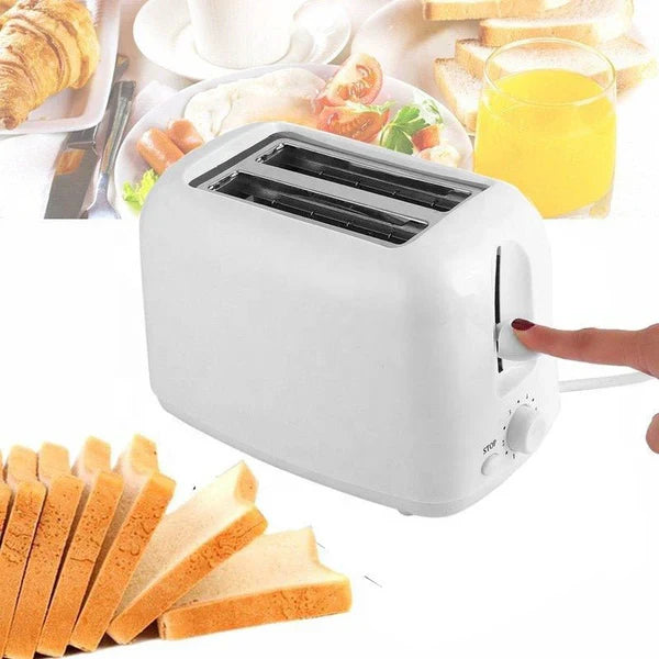 White toaster with slices of bread on a breakfast-themed background