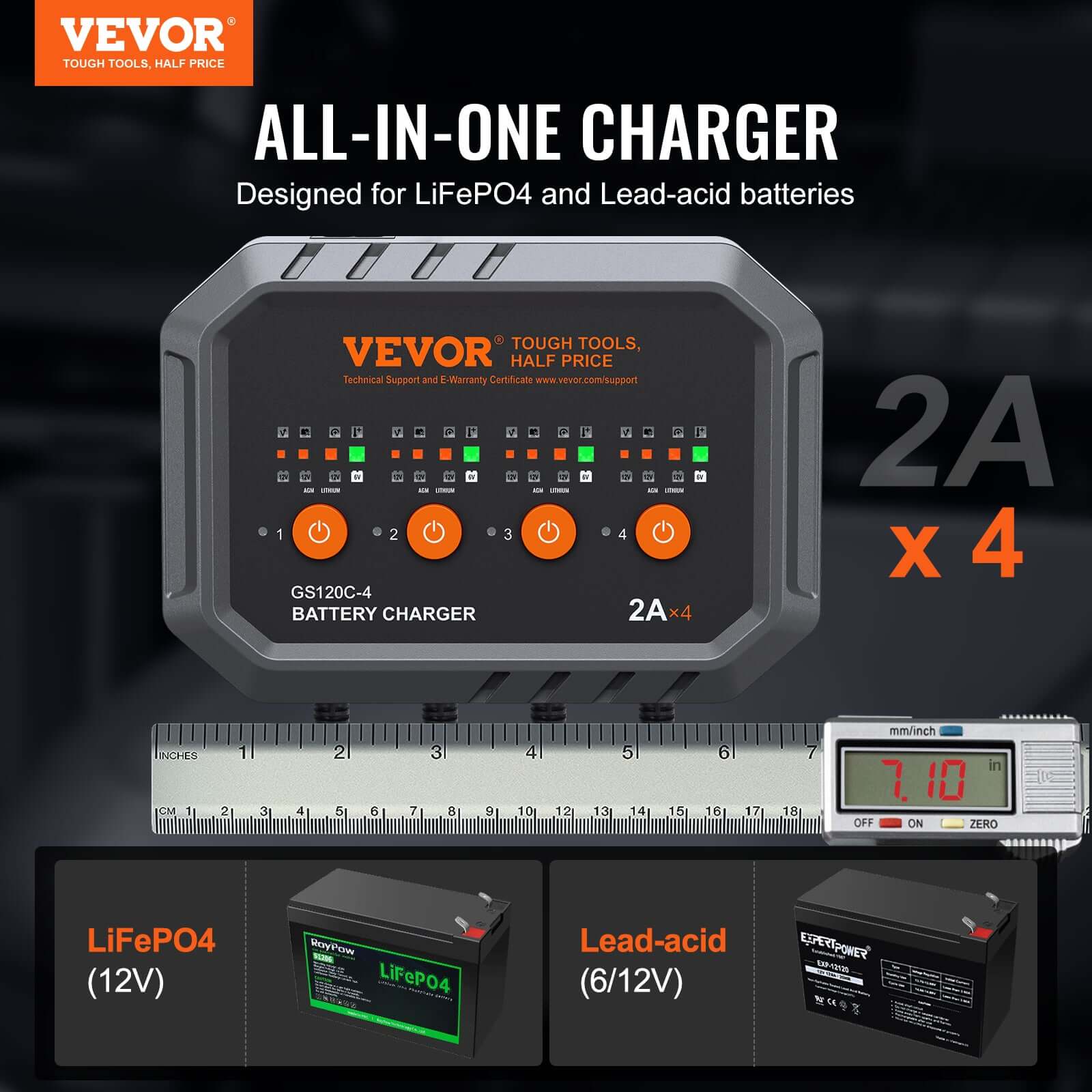 Vevor all-in-one battery charger with digital display on a dark background