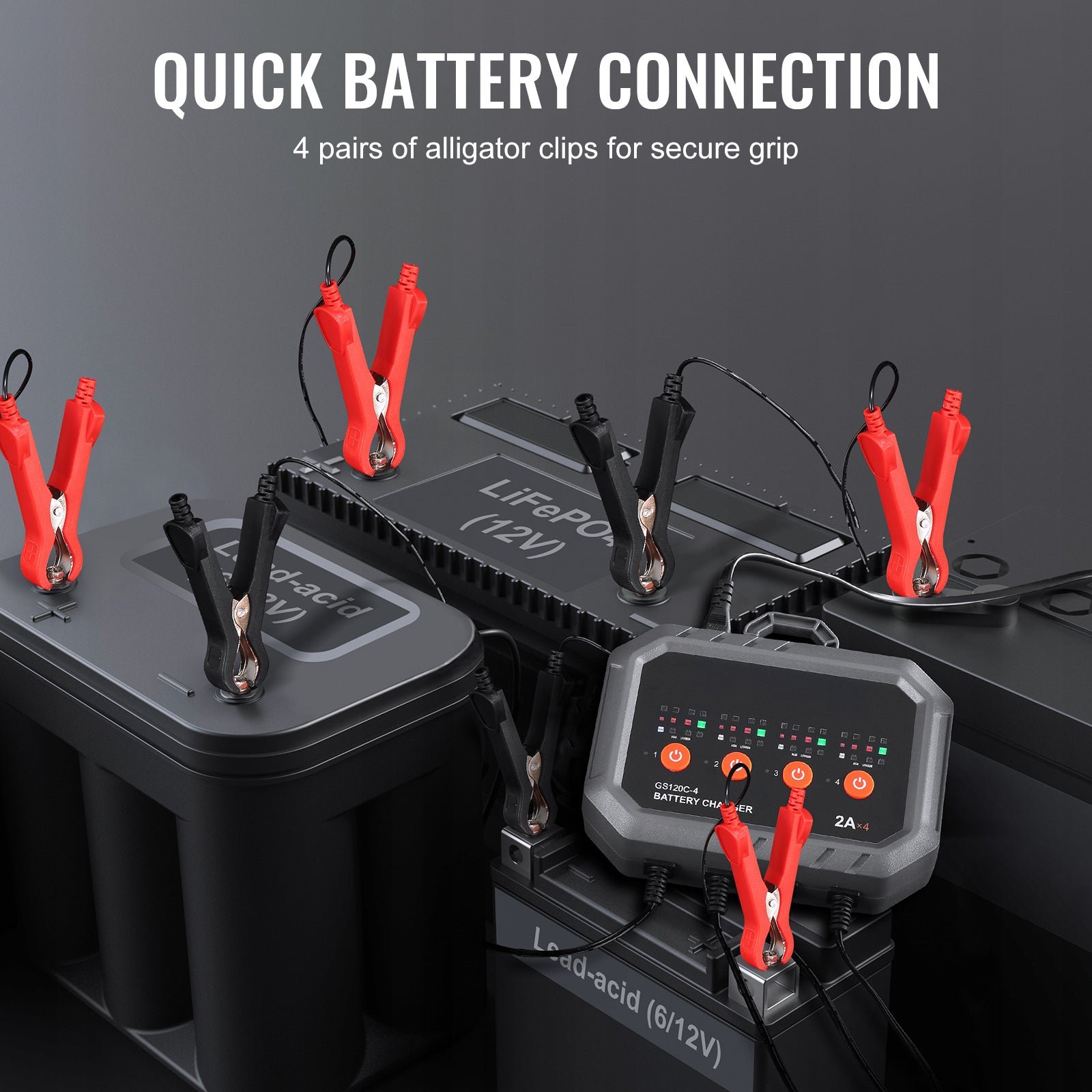 Battery charger with alligator clips and text about quick battery connection on a dark background