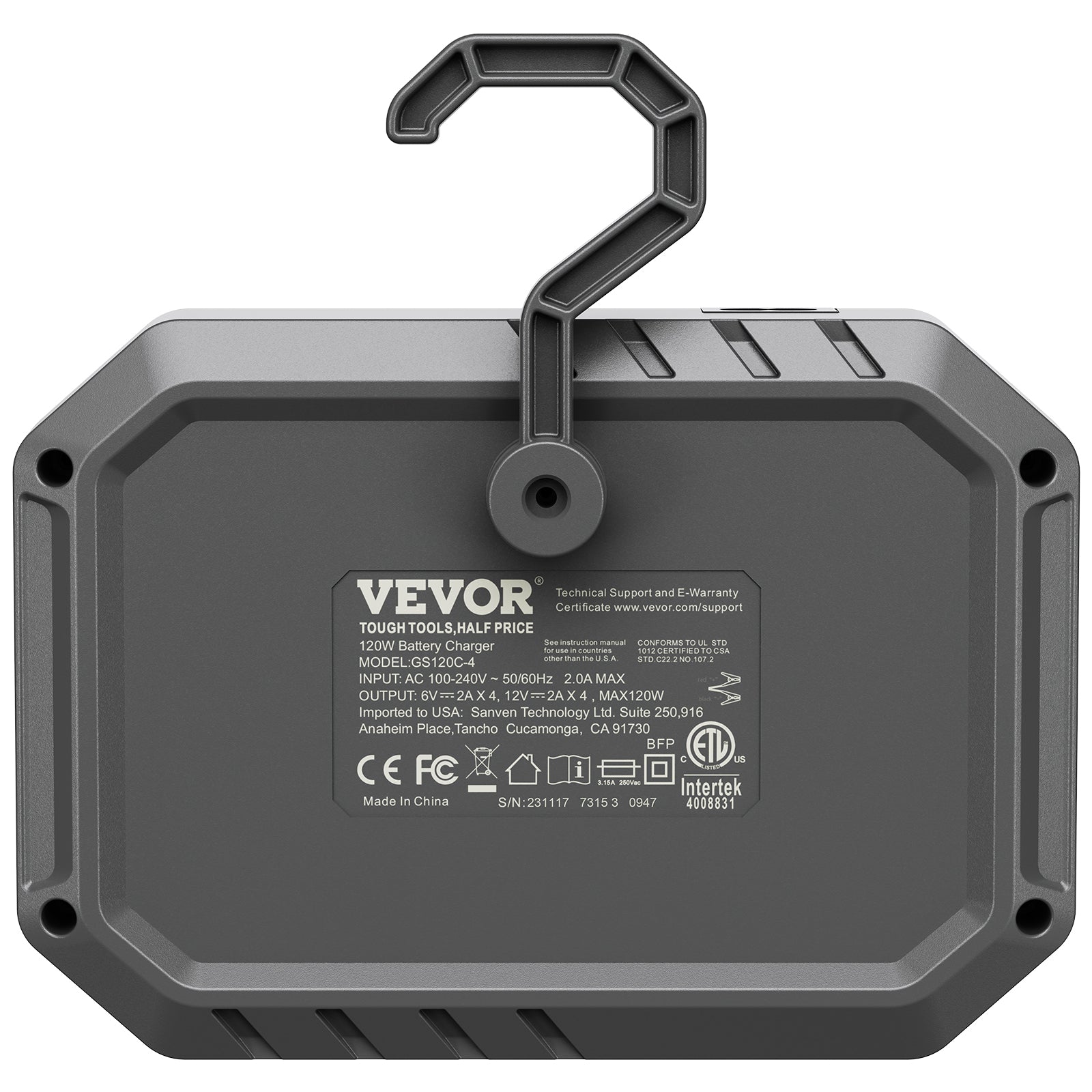Back view of a VEVOR battery charger with a hook on a white background