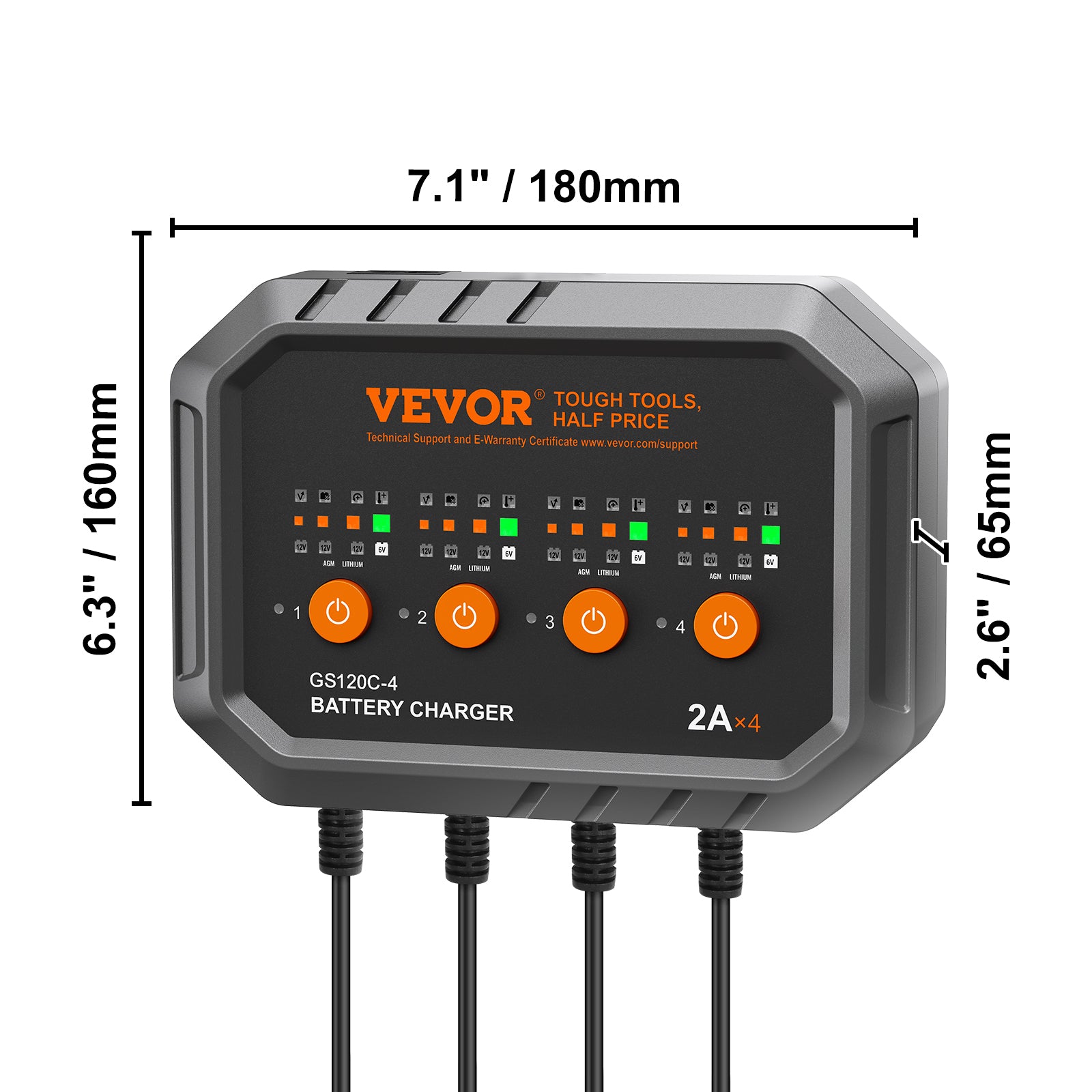 Vevor battery charger with dimensions labeled on a white background