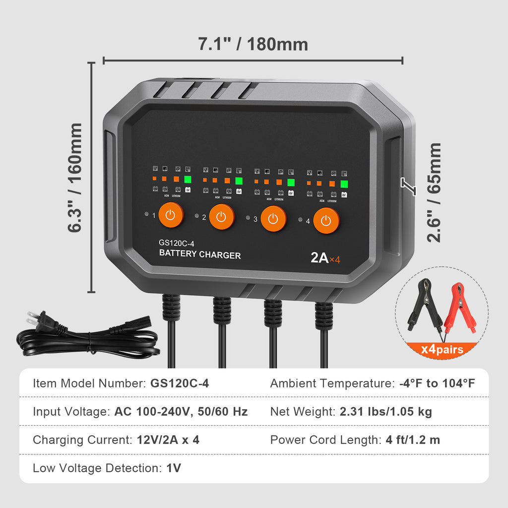 Battery charger with dimensions and specifications on a gray background