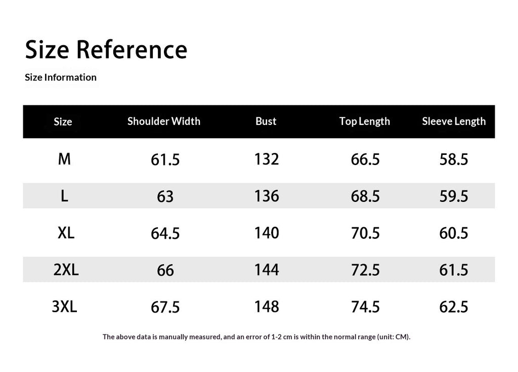 Size reference chart for clothing with measurements in centimeters.