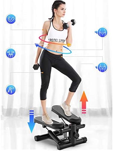 Woman exercising on a step machine with icons and text overlay on a white background