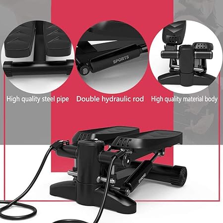 Black exercise stepper with close-up details on a gray background