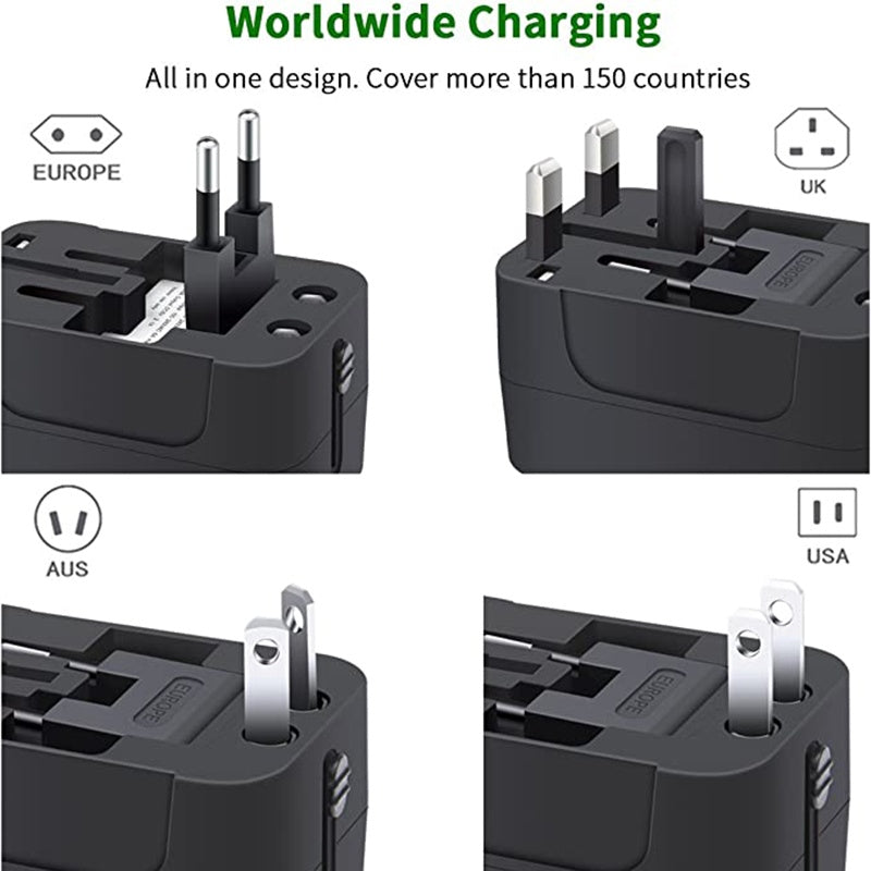 Black universal travel adapter with different plug designs for Europe, UK, Australia, and USA on a white background.