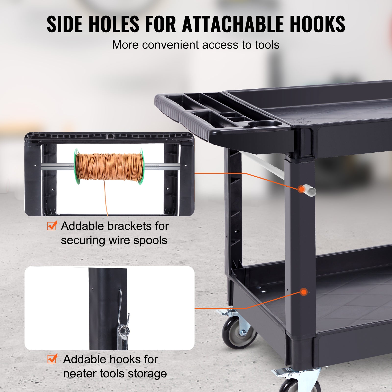 Black workbench with side holes for attachable hooks, addable brackets, and hooks on a gray background.