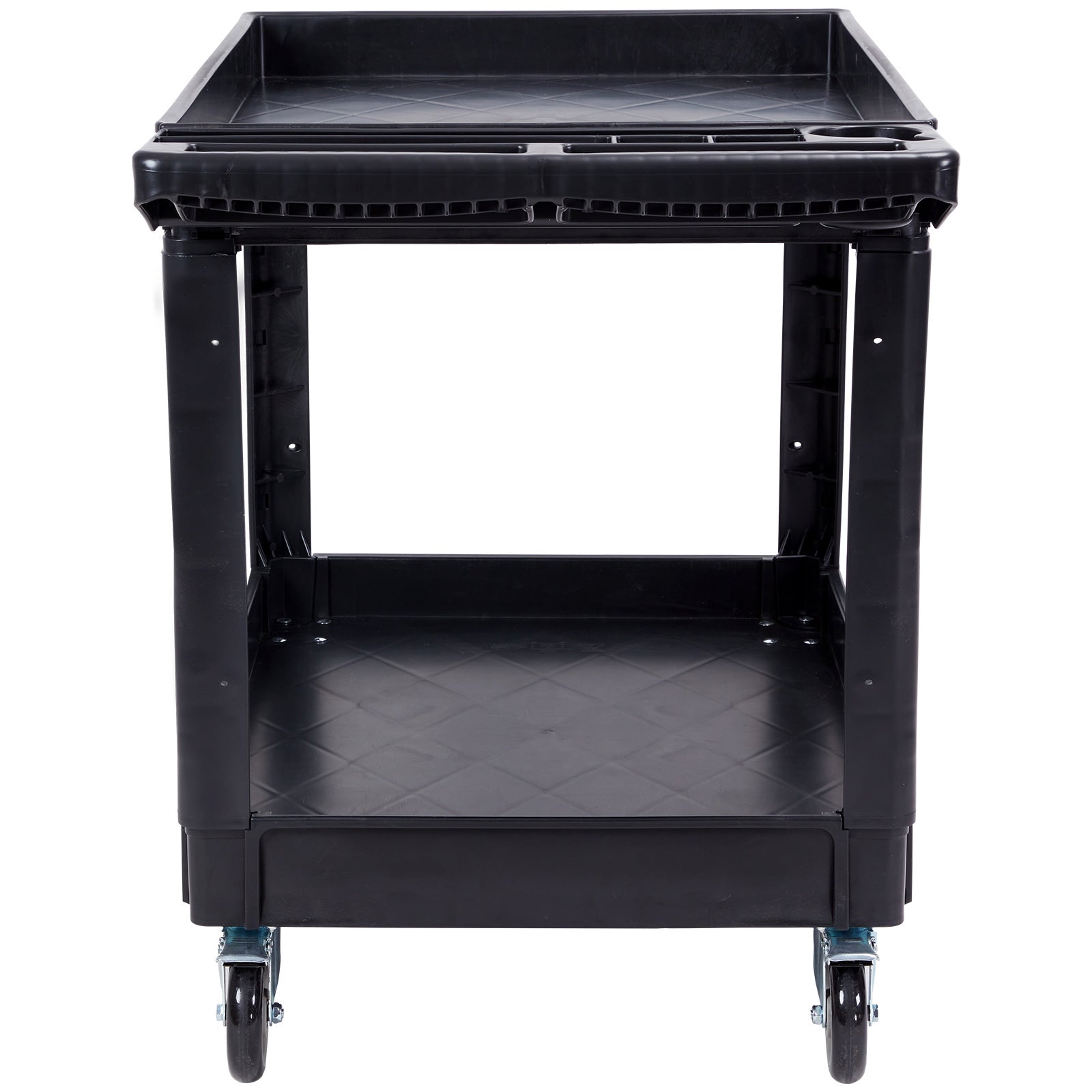 Black utility cart with a flat top and drawer on a white background