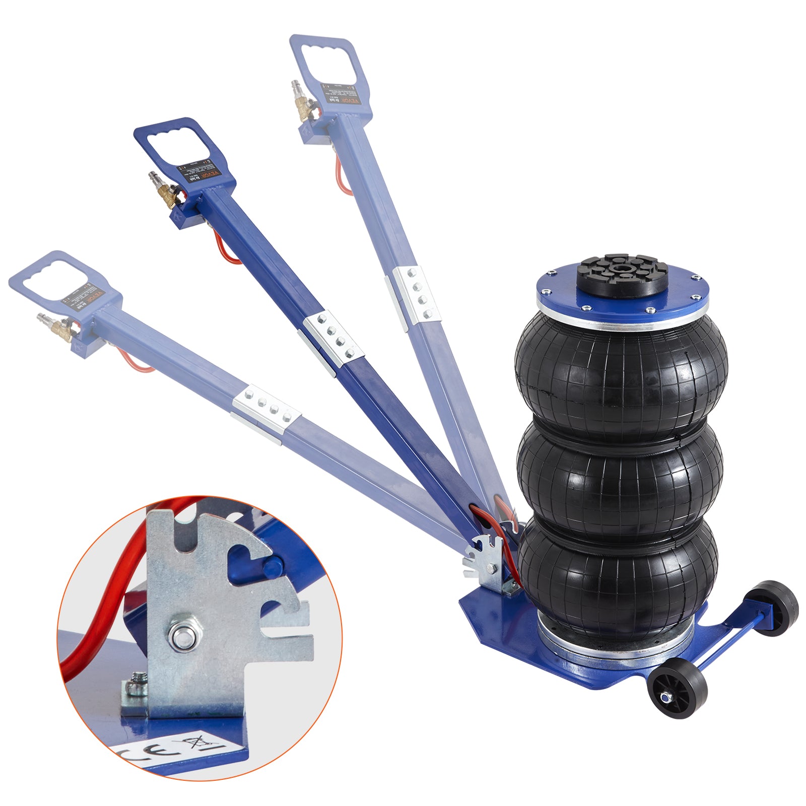 Air bag jack with blue frame and black air bags on a white background