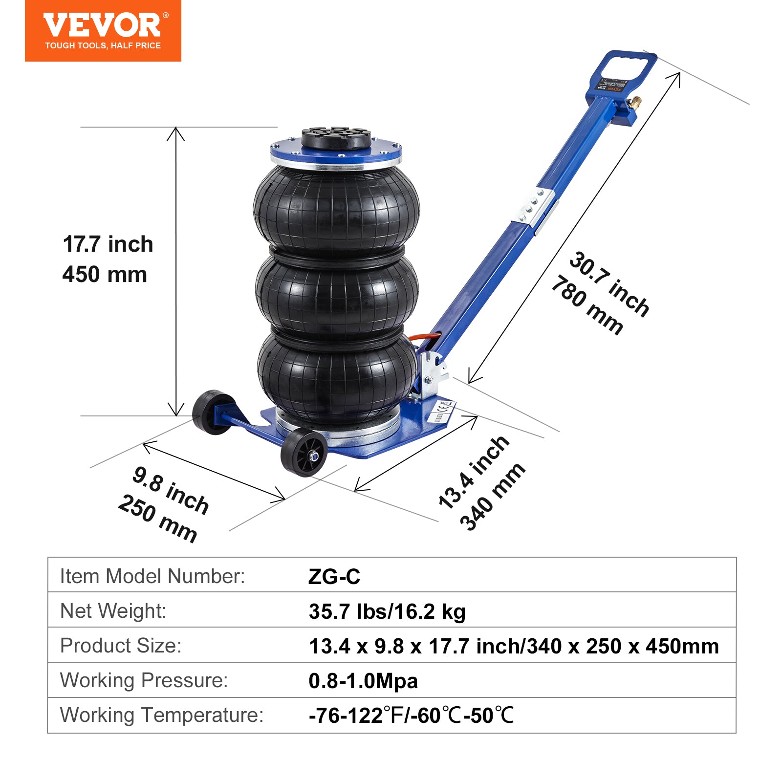 Blue air bag jack with dimensions and specifications on a white background, featuring VEVOR branding.