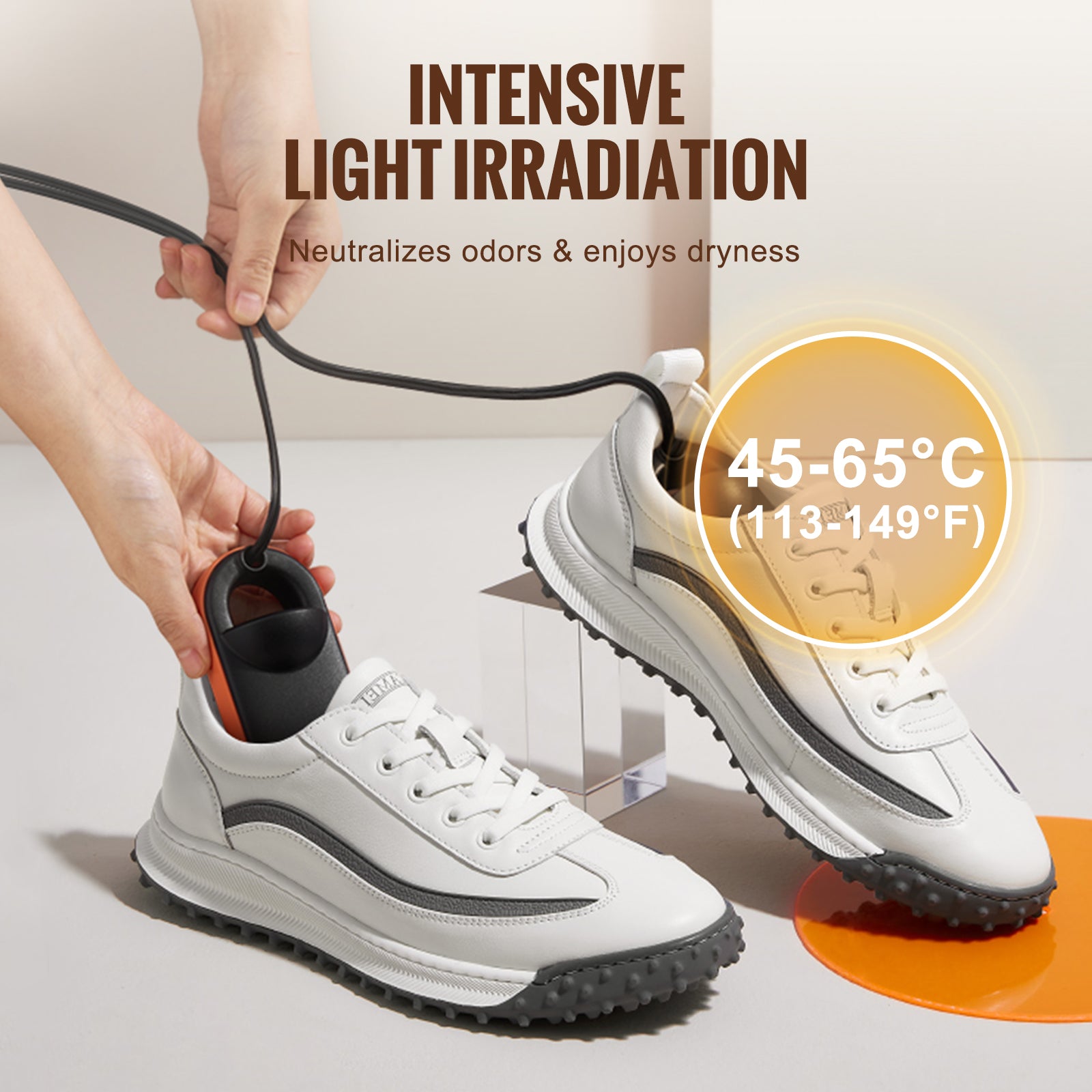 White sneakers being treated with a device labeled 'Intensive Light Irradiation' on a light background.