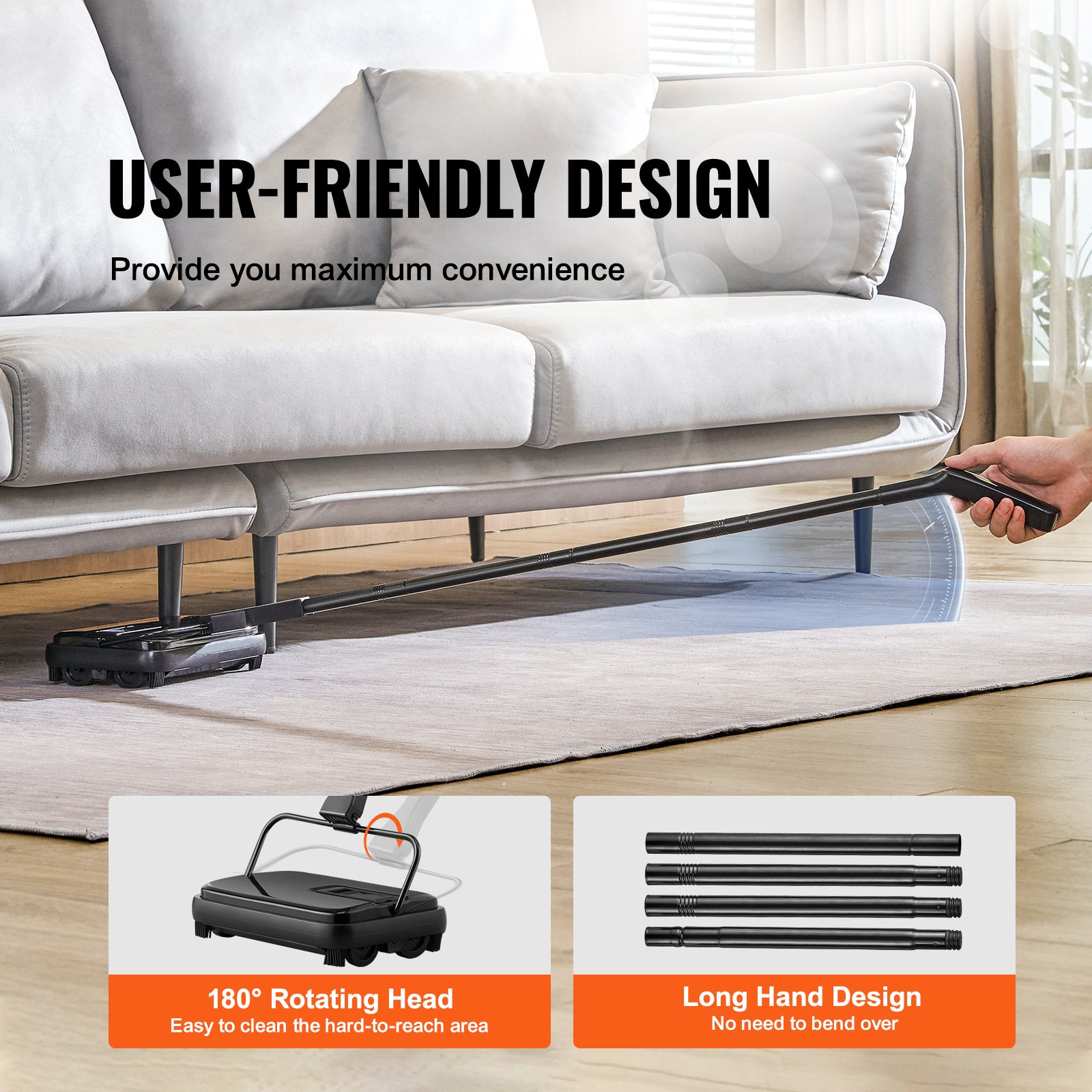 Vacuum cleaner being used to clean under a sofa with text highlighting user-friendly design.
