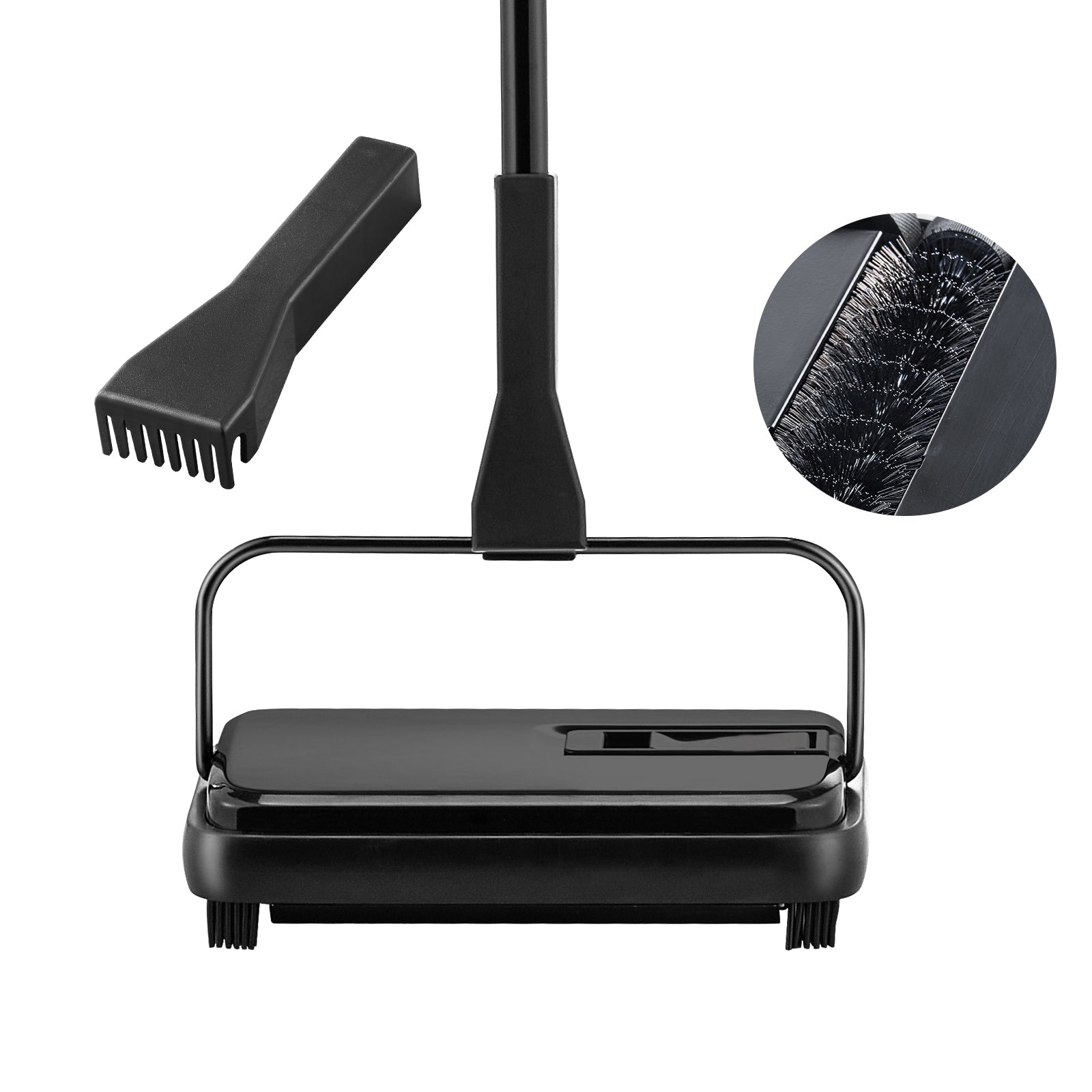 Black floor cleaning device with brush attachment on a white background