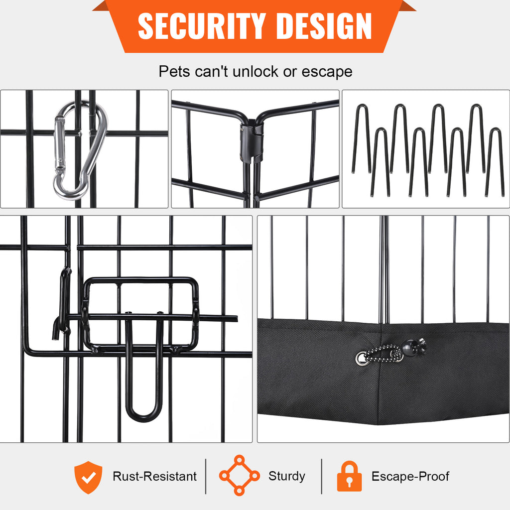 Pet gate security design features with text and icons on a white background