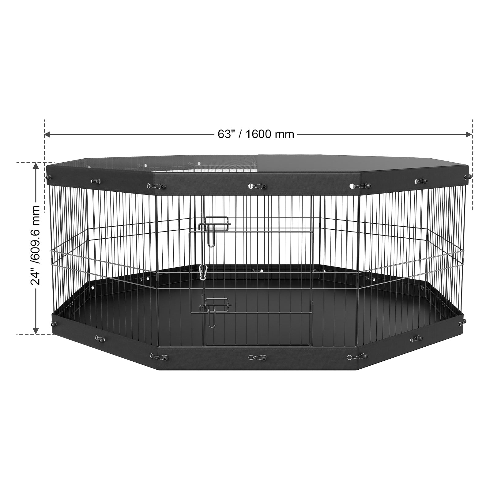 Black octagonal pet cage with dimensions indicated on a white background