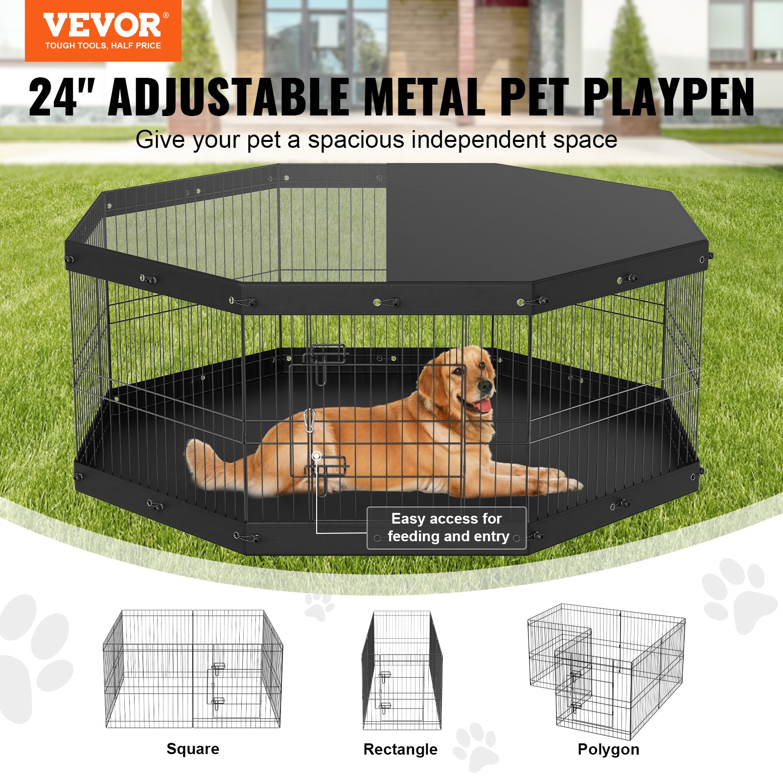 24-inch adjustable metal pet playpen with a dog inside, on grass with a house in the background, featuring VEVOR branding.