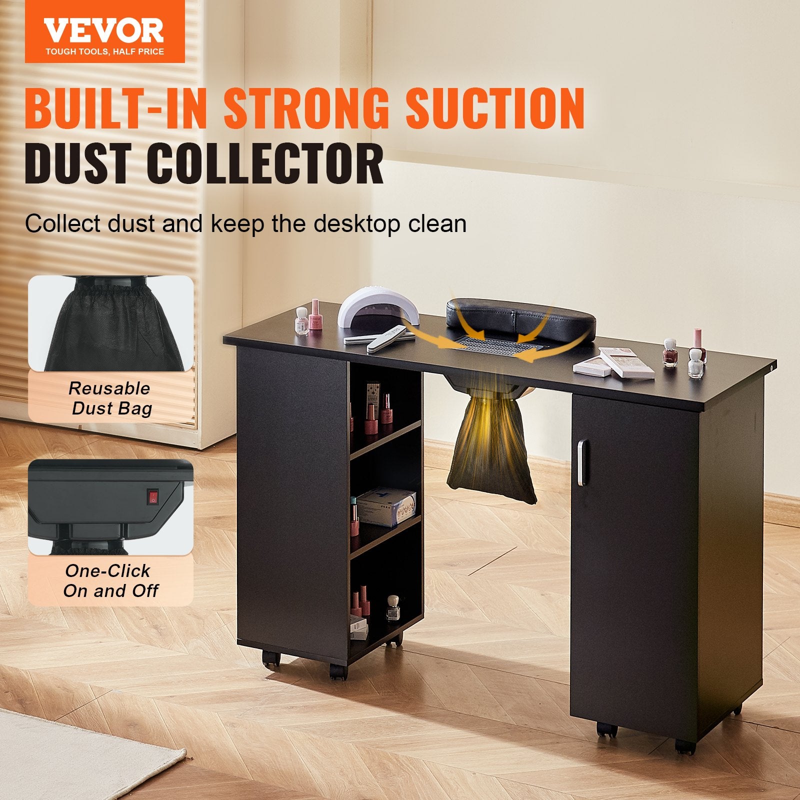 Black desk with VEVOR branding and text about a built-in strong suction dust collector.