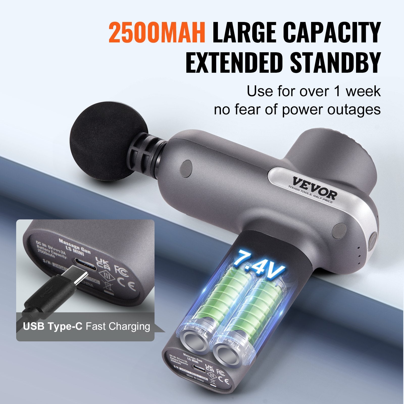 Vevor massage gun with battery and charging details on a gray background