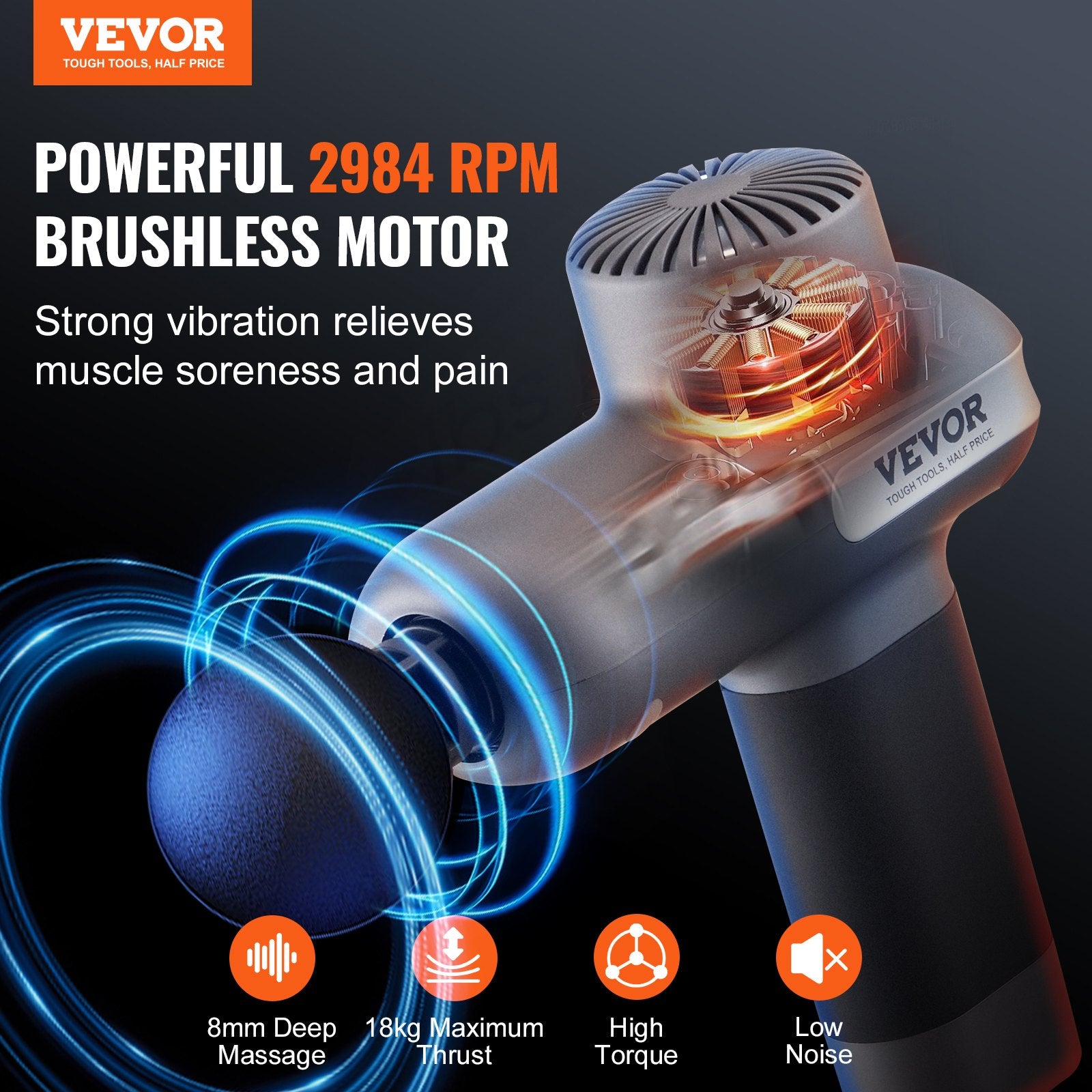 Vevor massage gun with text highlighting features on a dark background