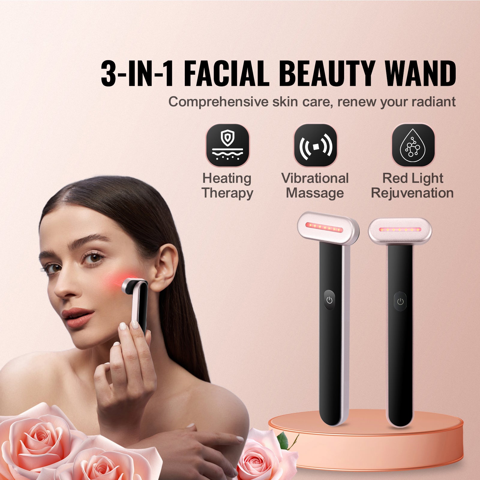 3-in-1 facial beauty wand with a woman using it on her face, set against a pink background.