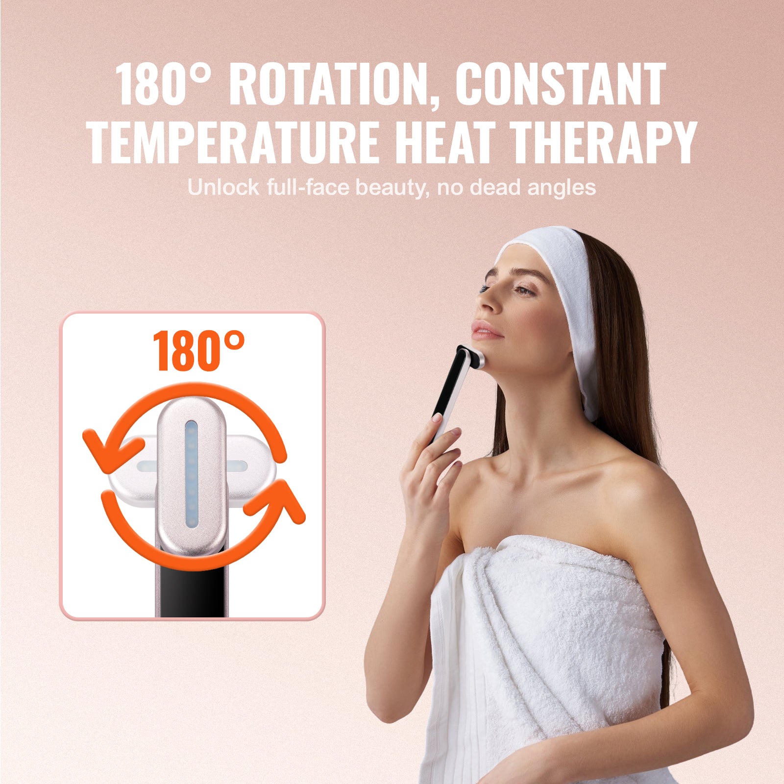 Woman using a skincare device with text about 180-degree rotation and constant temperature heat therapy on a pink background.
