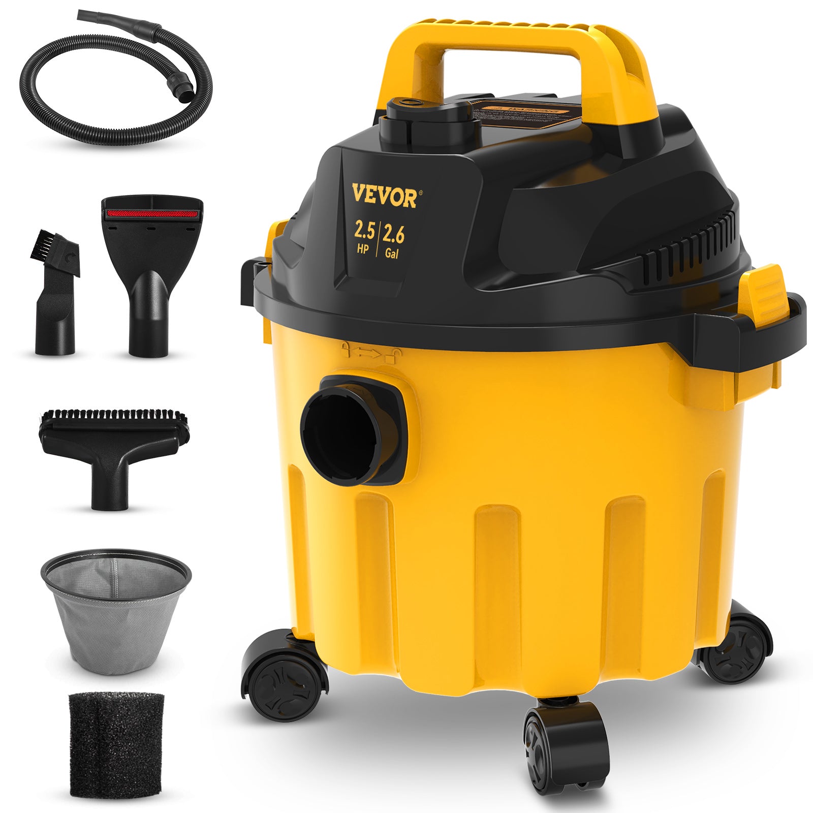 Yellow and black Vevor wet/dry vacuum cleaner with attachments on a white background
