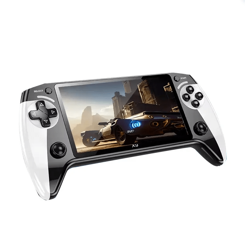 Gaming handheld console with screen displaying a racing game on a white background