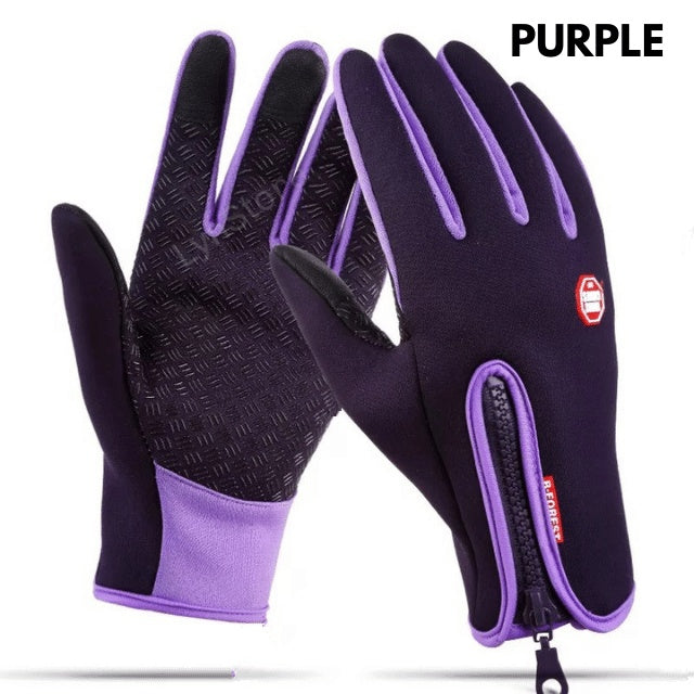 Pair of purple and black gloves with a brand logo on a white background