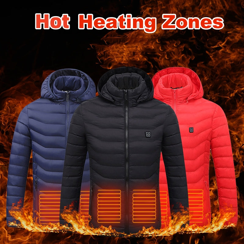 Three heated jackets in blue, black, and red with visible heating zones on a fiery background.