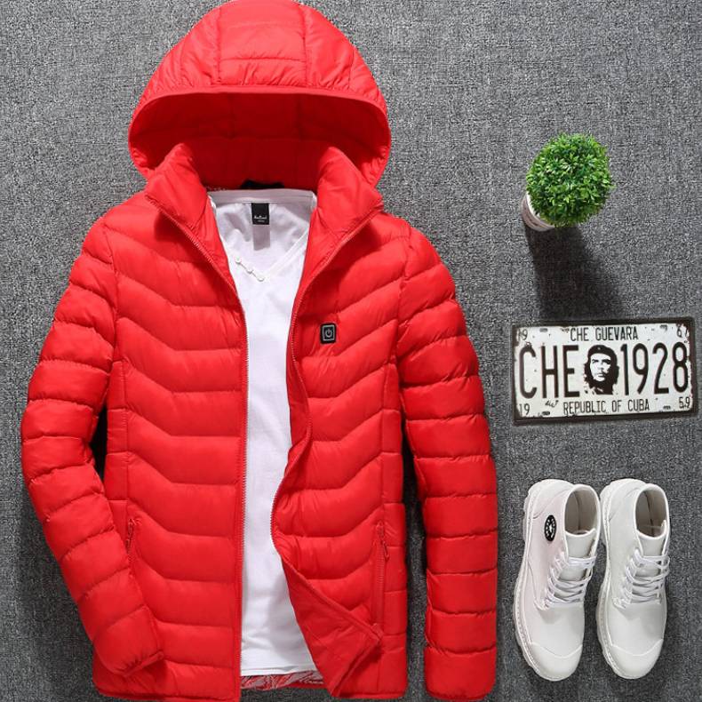 Red puffer jacket with a white shirt, white sneakers, and a small plant on a gray background.