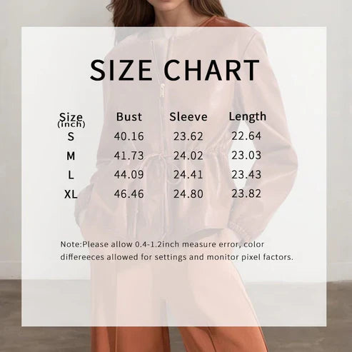 Size chart overlay on a person wearing a light-colored garment with measurements displayed.