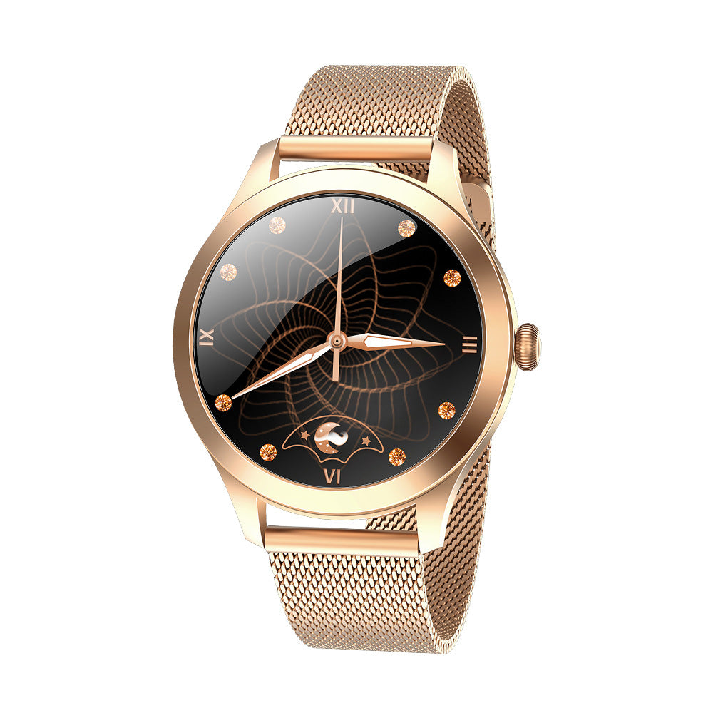Rose gold watch with black dial on a white background