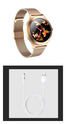 Rose gold smartwatch with a charging cable on a white background