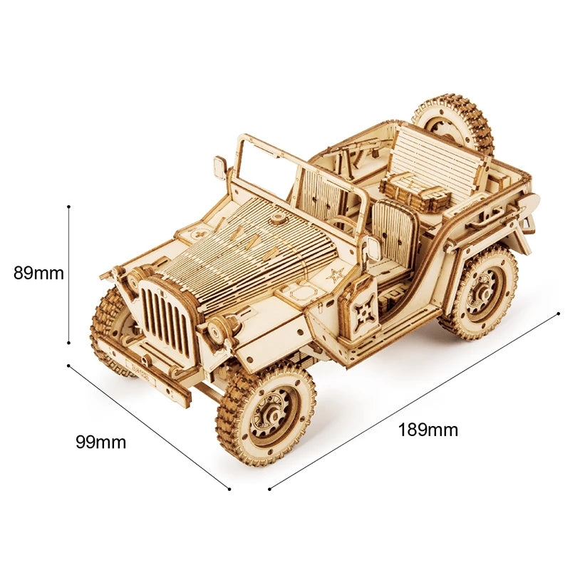 3D Wooden Army Jeep model by Nova Mart, DIY mechanical puzzle kit with detailed wooden parts and realistic military vehicle design.