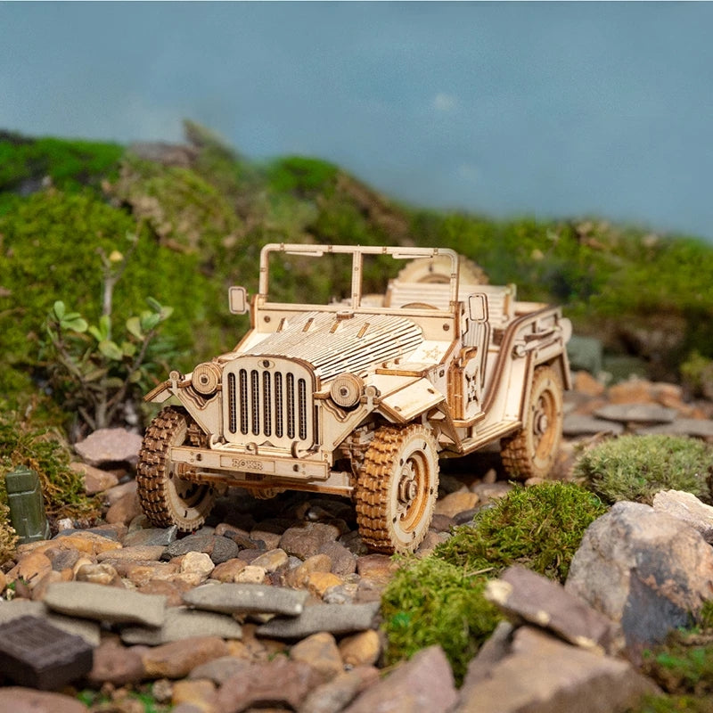 3D Wooden Army Jeep Model by Nova Mart, DIY mechanical puzzle kit featuring detailed wooden army vehicle construction.