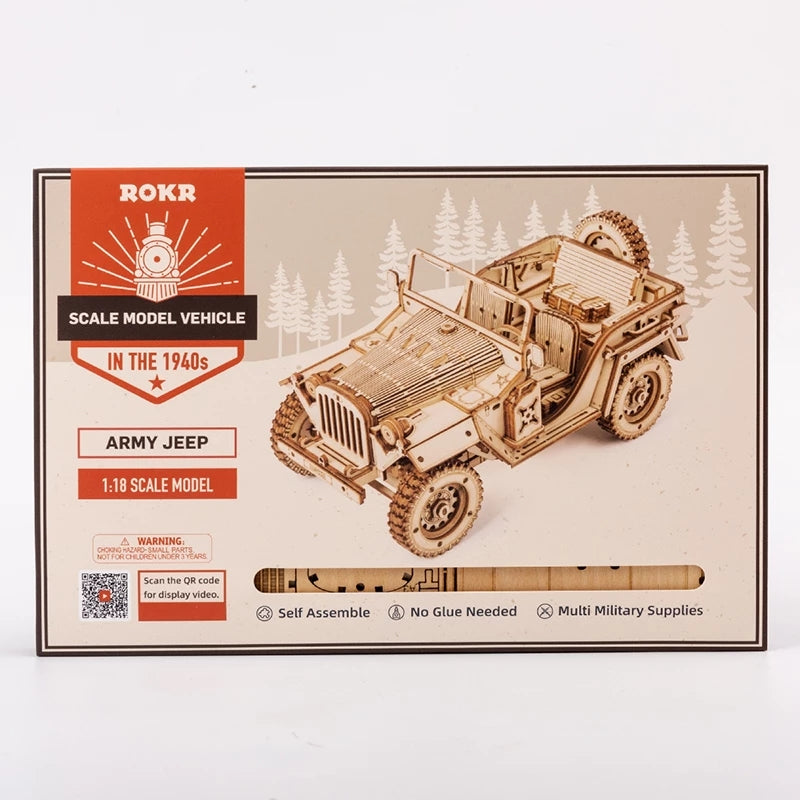 3D wooden Army Jeep model toy by Nova Mart, DIY mechanical puzzle kit with detailed wooden parts and realistic military design.