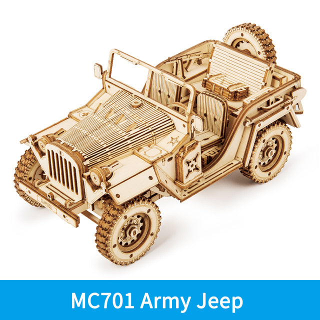3D wooden Army Jeep model by Nova Mart, DIY mechanical puzzle kit, detailed wooden toy for building and display.