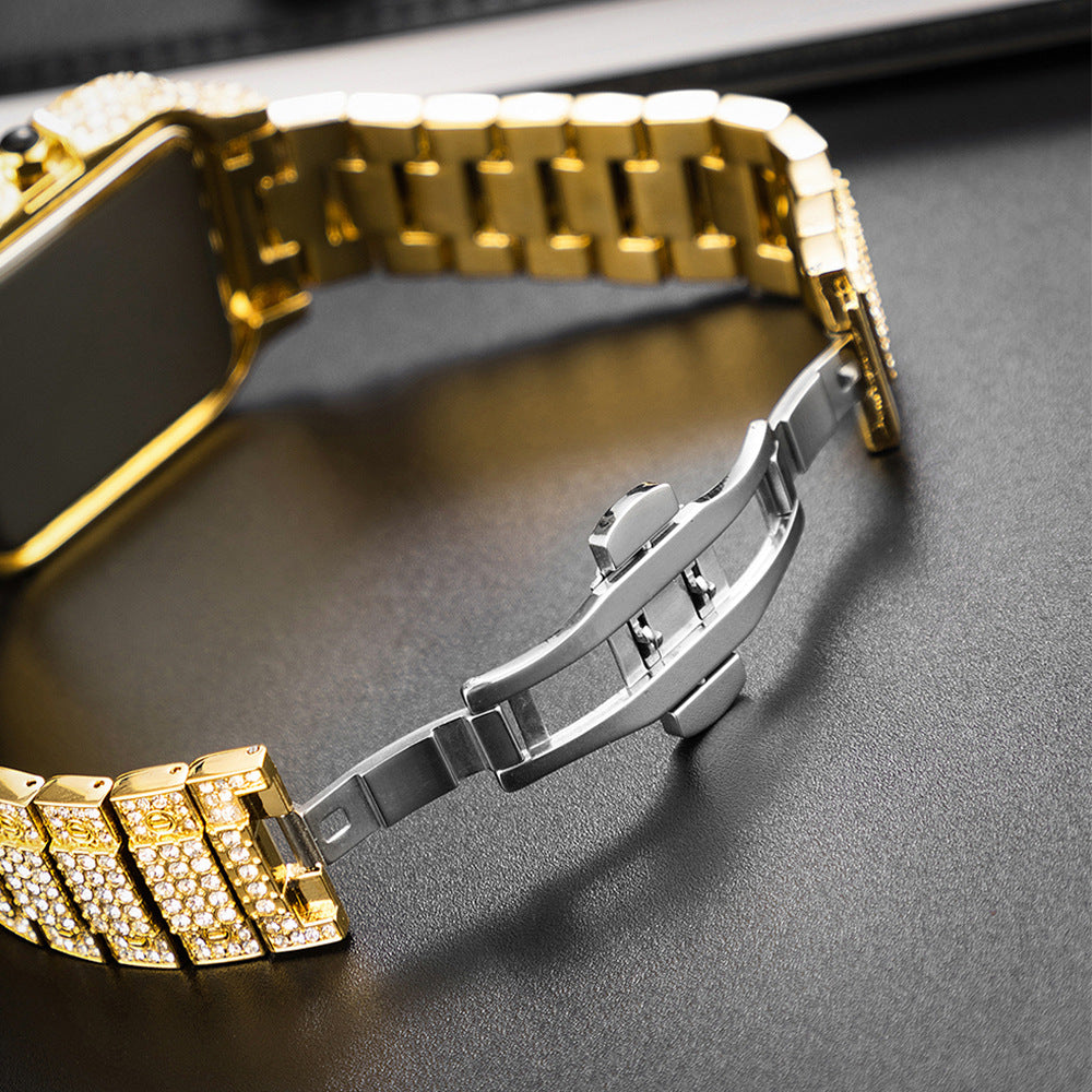 Unisex diamond wrist watch with a slim 10mm gold, silver, or black band, featuring a sleek, elegant design.