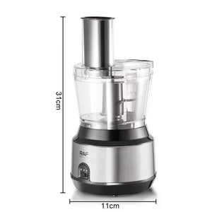 Food processor with dimensions labeled on a white background