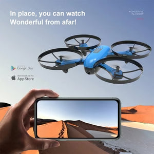 Blue drone flying over a desert landscape with a smartphone displaying the view, held by a hand.