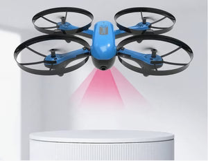 Blue drone with black propellers on a white background